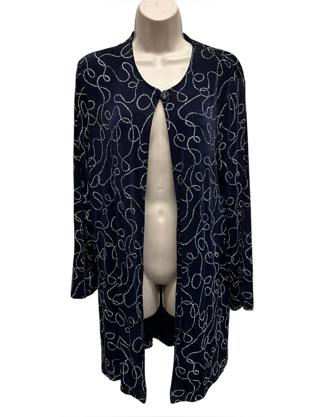 Ronni Nicole slinky liquid cardigan navy blue swirly sparkly spots women’s 12
